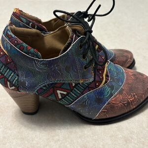 Laura Vita Leather Fabric Heeled Booties Multicolor Boho Steampunk 38 / US 7.5
